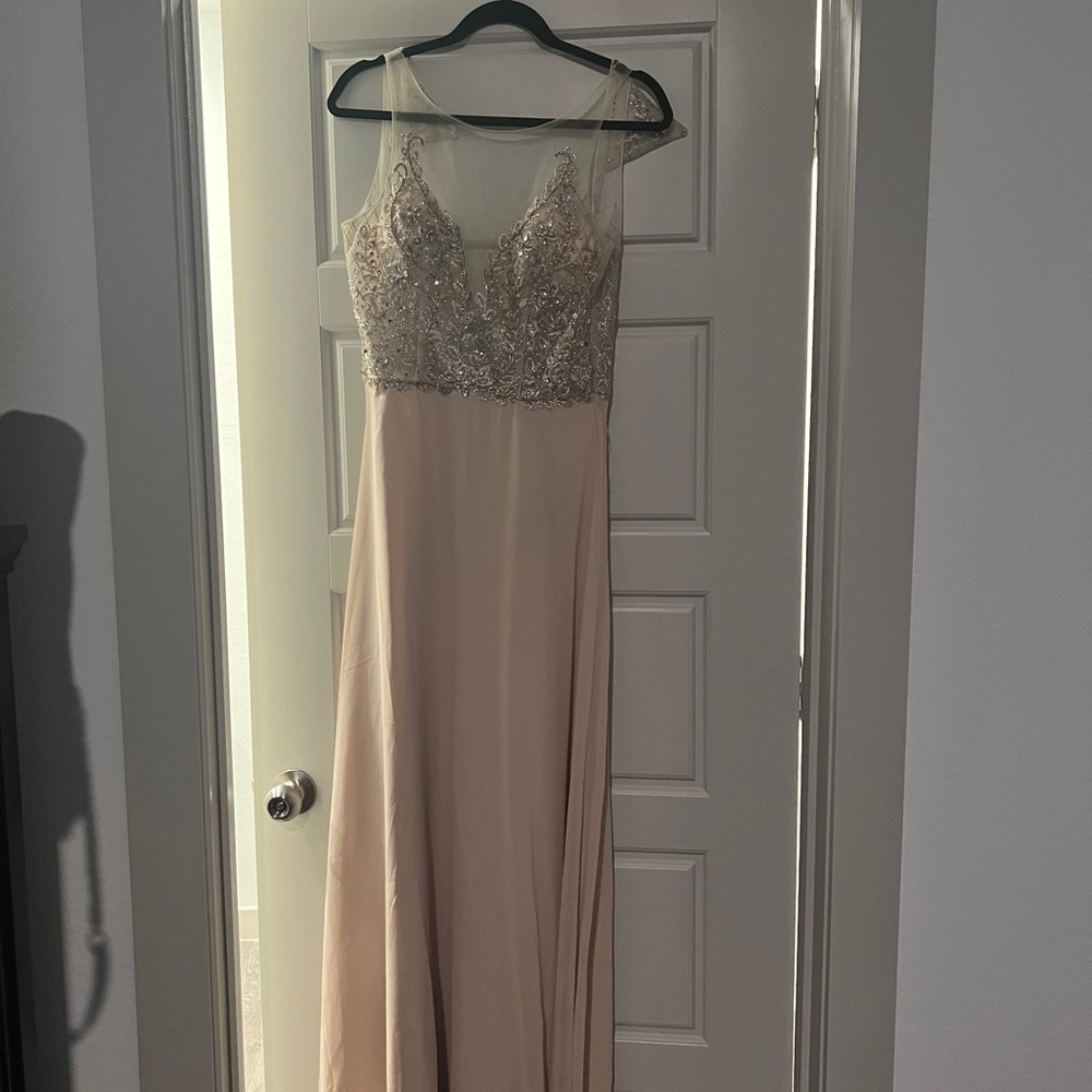 Champagne floor length dress with detail on the front